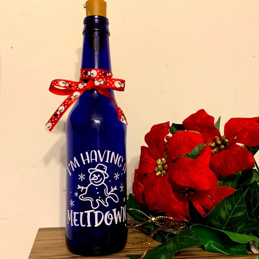 Hand crafted- ‘I’m Having a Meltdown’ logo winter wine bottle lantern